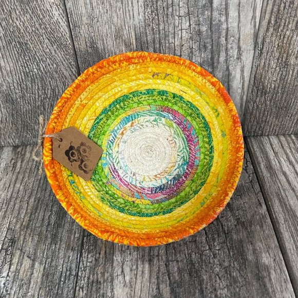 New Handmade Coil Wrapped Basket Sunrise Rainbow Southwestern Multicolor Bowl - Picture 1 of 7